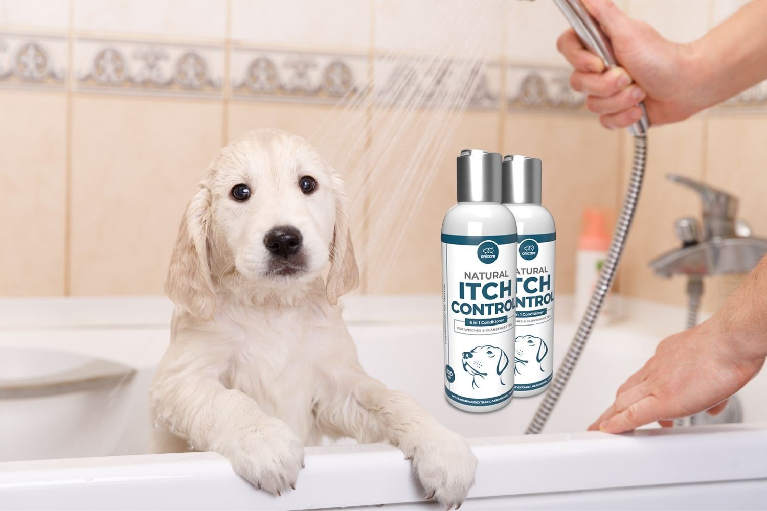 Hond onder de douch met de Natural Itch Control Conditioner