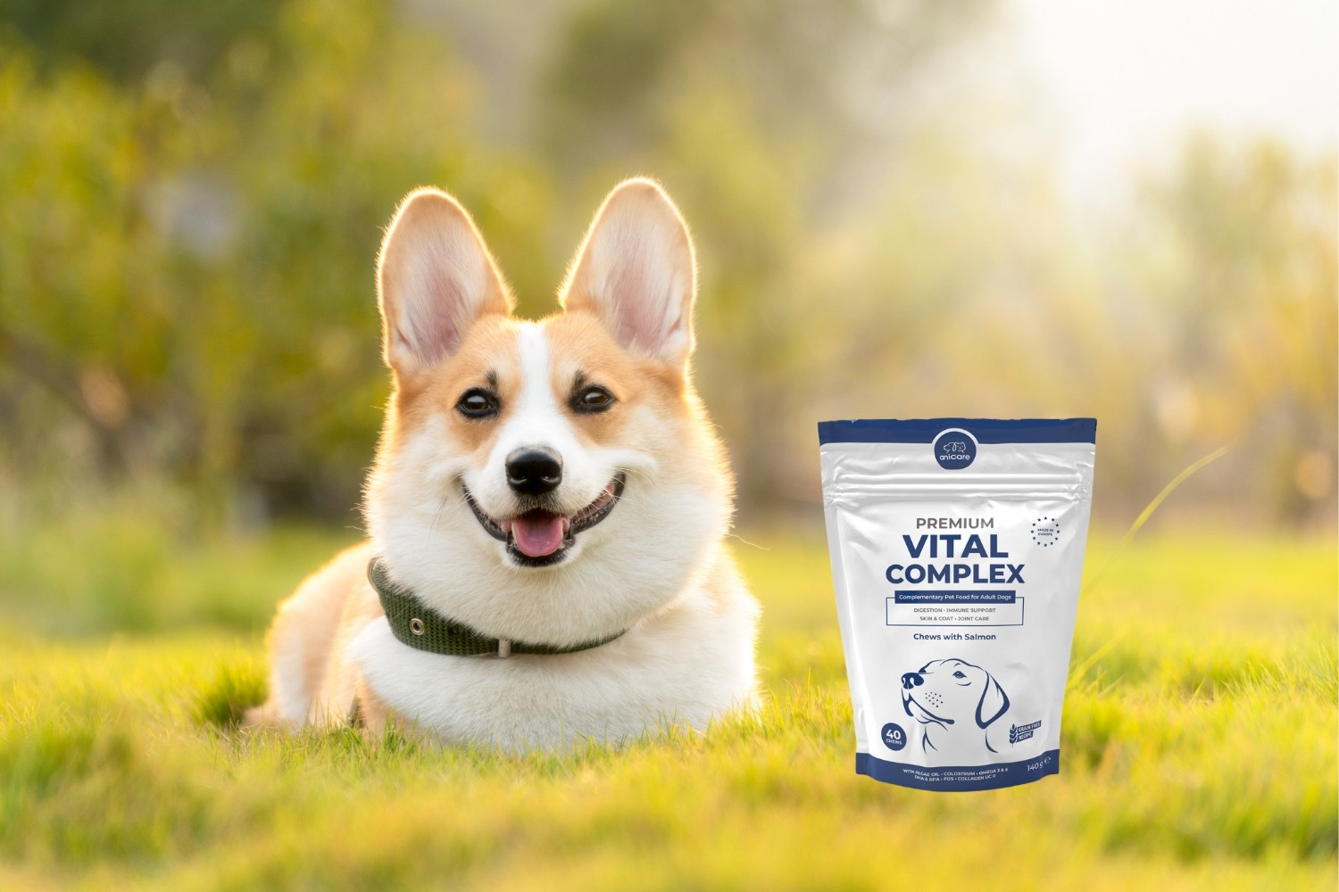 Premium Vital Complex met een hond liggend op het gras